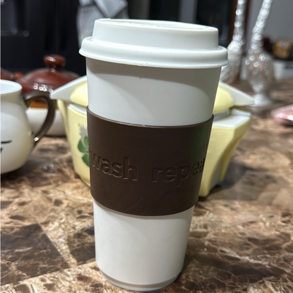 Reusable White Travel Mug with Brown Sleeve